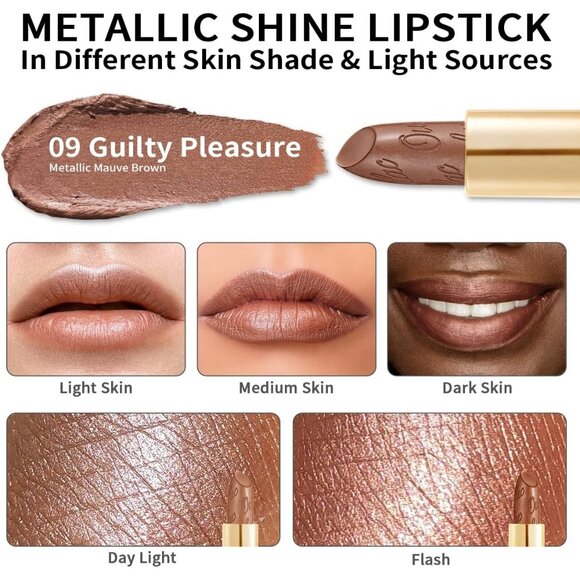 🆕 Metallic Shine Brown Lipstick Moisturizing Creamy Formula Vegan Full-Coverage - Picture 6 of 9